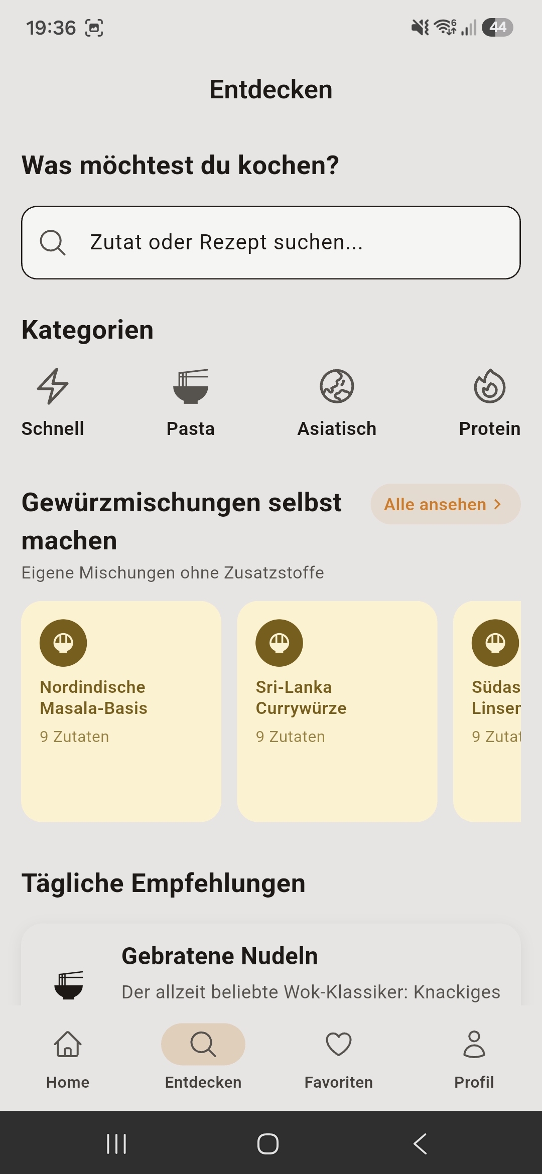 CookGen Entdecken-Screen mit Kategorien
