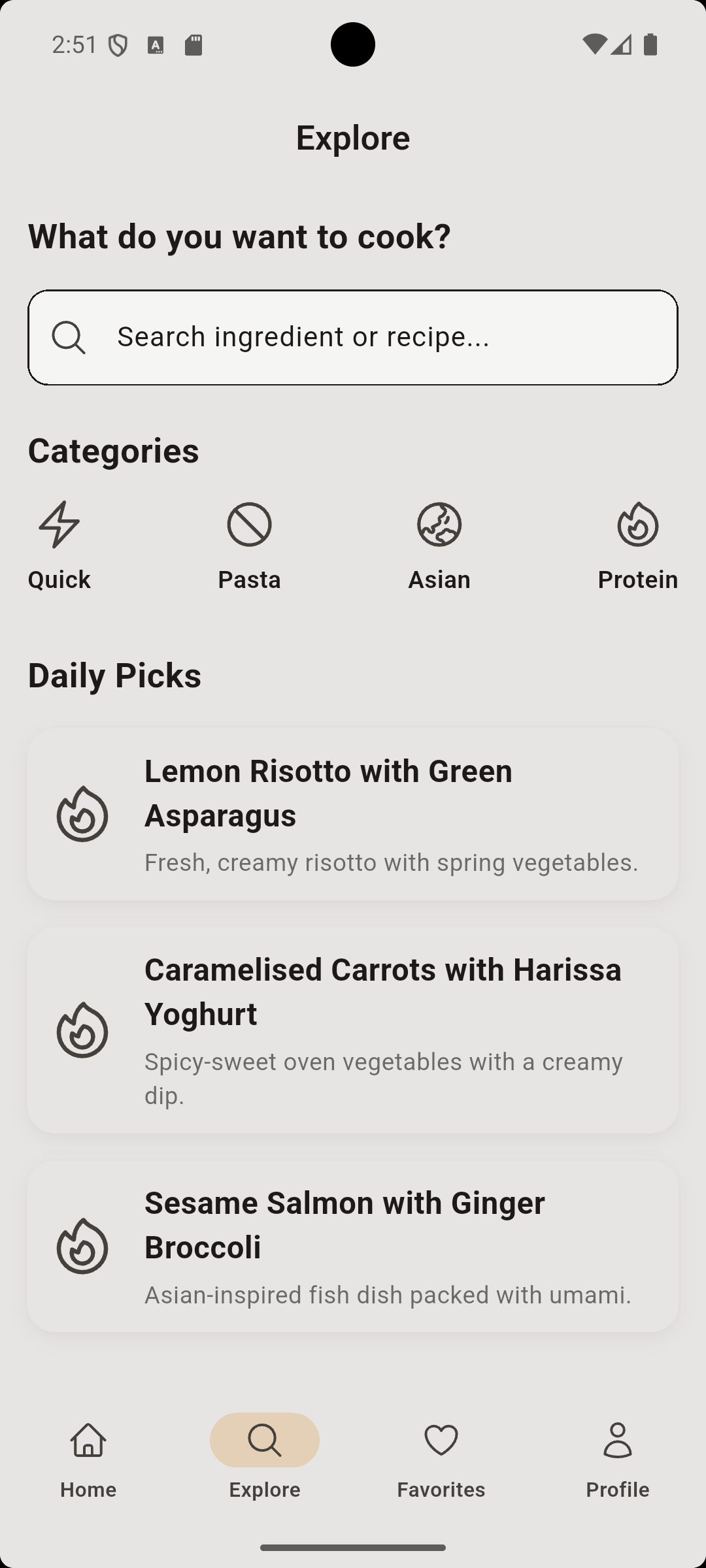 CookGen Explore Screen mit taeglichen Rezeptempfehlungen