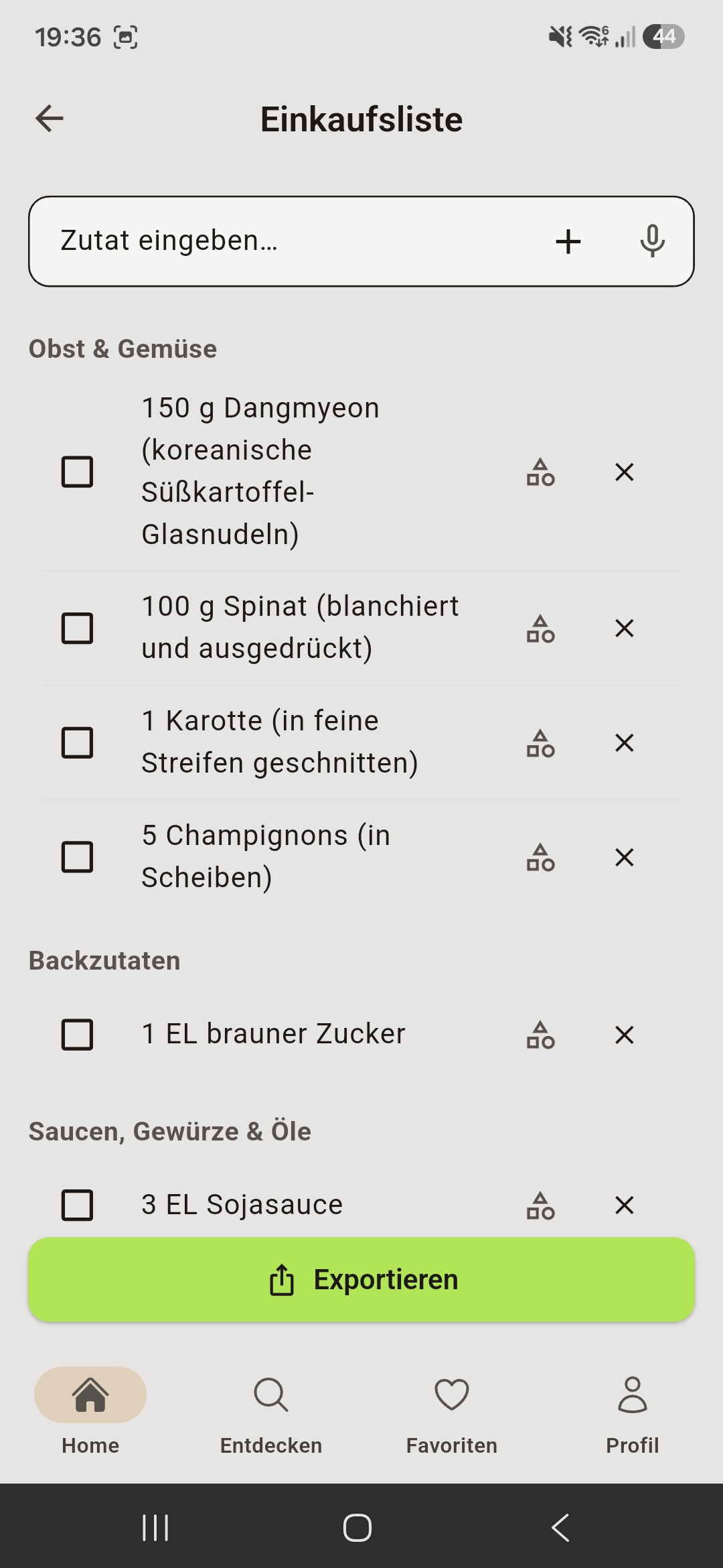 CookGen Einkaufsliste nach Kategorien sortiert